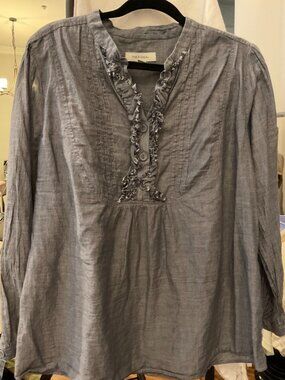 Merona Chambray Ruffle V-Neck Long Sleeve Blouse | 16W/18W | Plus Size
